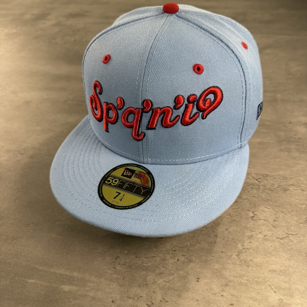 Spokane Indians Hat New Era Cap 7 1/4 Baby Light Blue Red Spellout Script Fitted